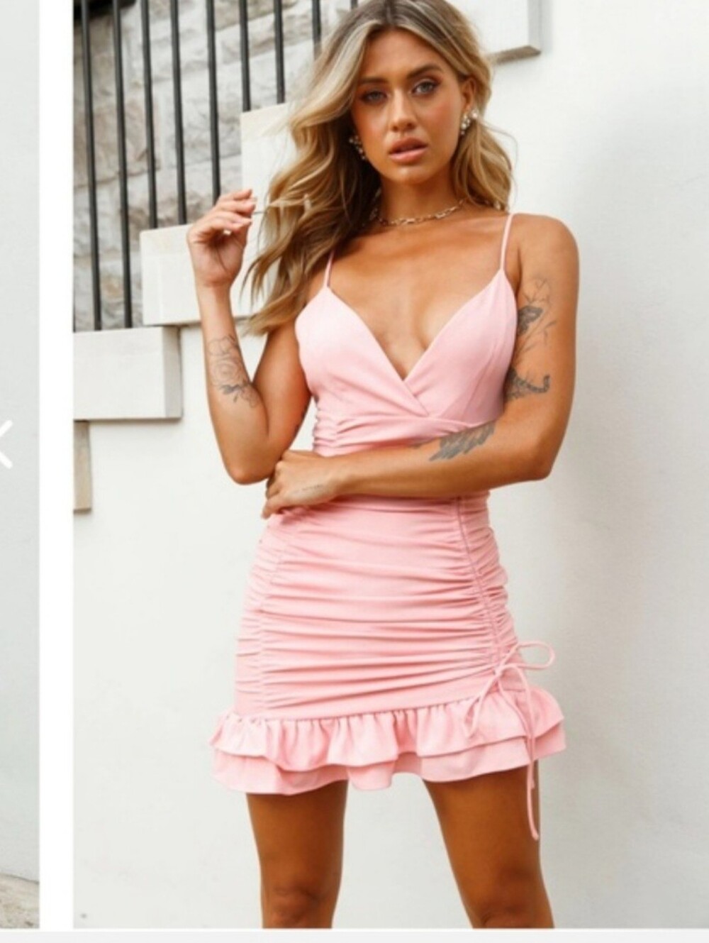 Saint + Secrets Pink Ruched Ruffle Mini Dress - Size Small